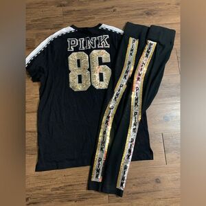 PINK VS HTF 86 BLING CAMPUS TSHIRT/ YOGA LEGGINGS OUTFIT L